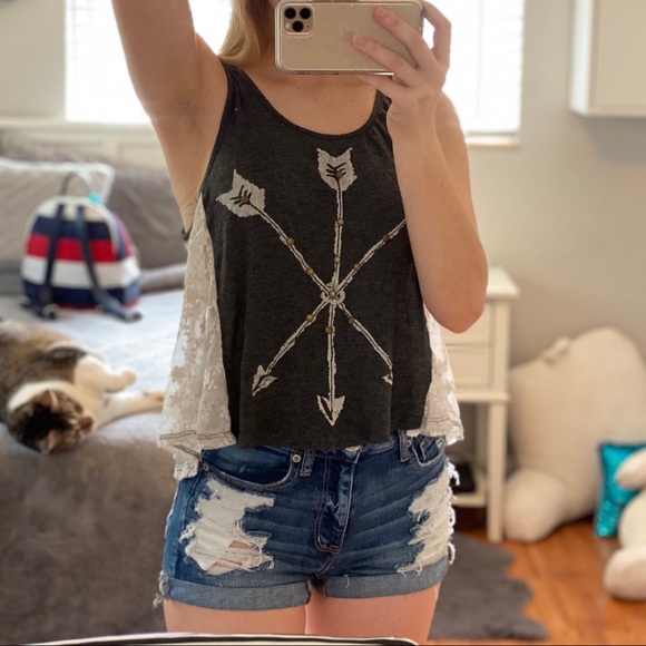 Papaya Mesh Embroidered Sides Arrow Tank Top - Picture 1 of 7